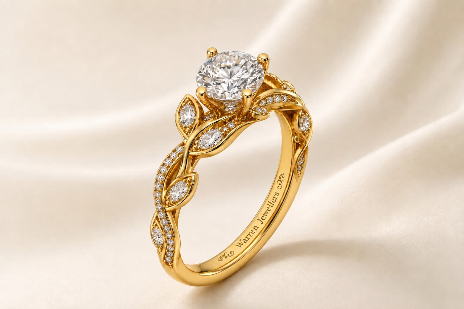 The finished Warren leaf-twist engagement ring in gold