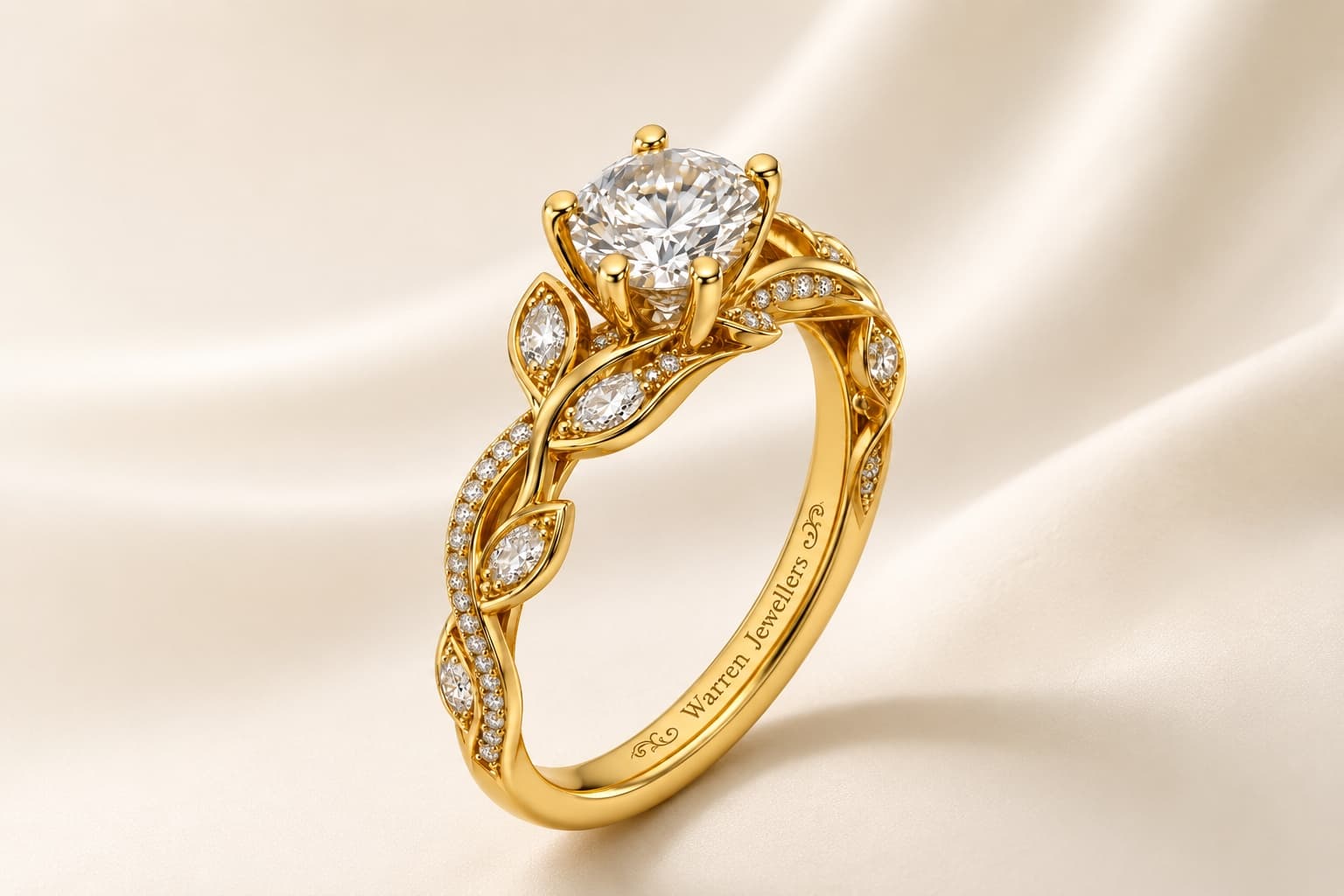 The finished Warren leaf-twist engagement ring in gold