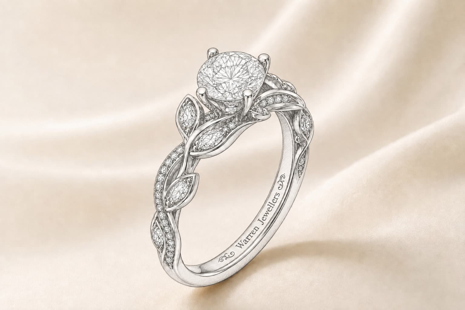 Design rendering of the Warren leaf-twist engagement ring