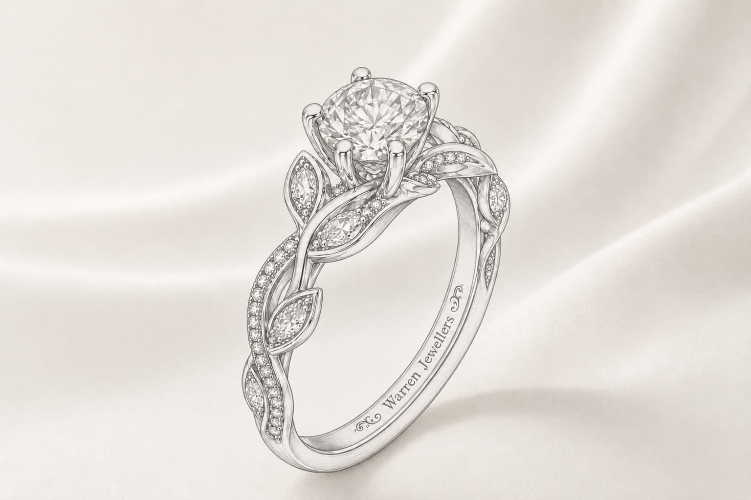 Design rendering of the Warren leaf-twist engagement ring