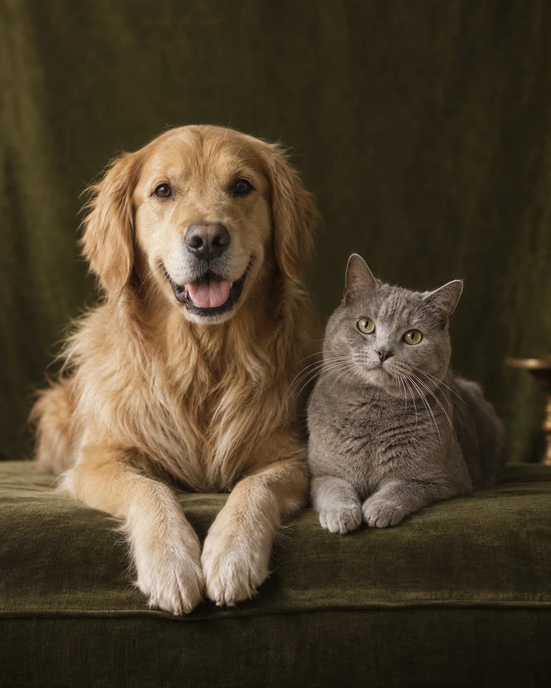 Illustrative studio portrait of a golden retriever and a grey cat on an olive velvet seat